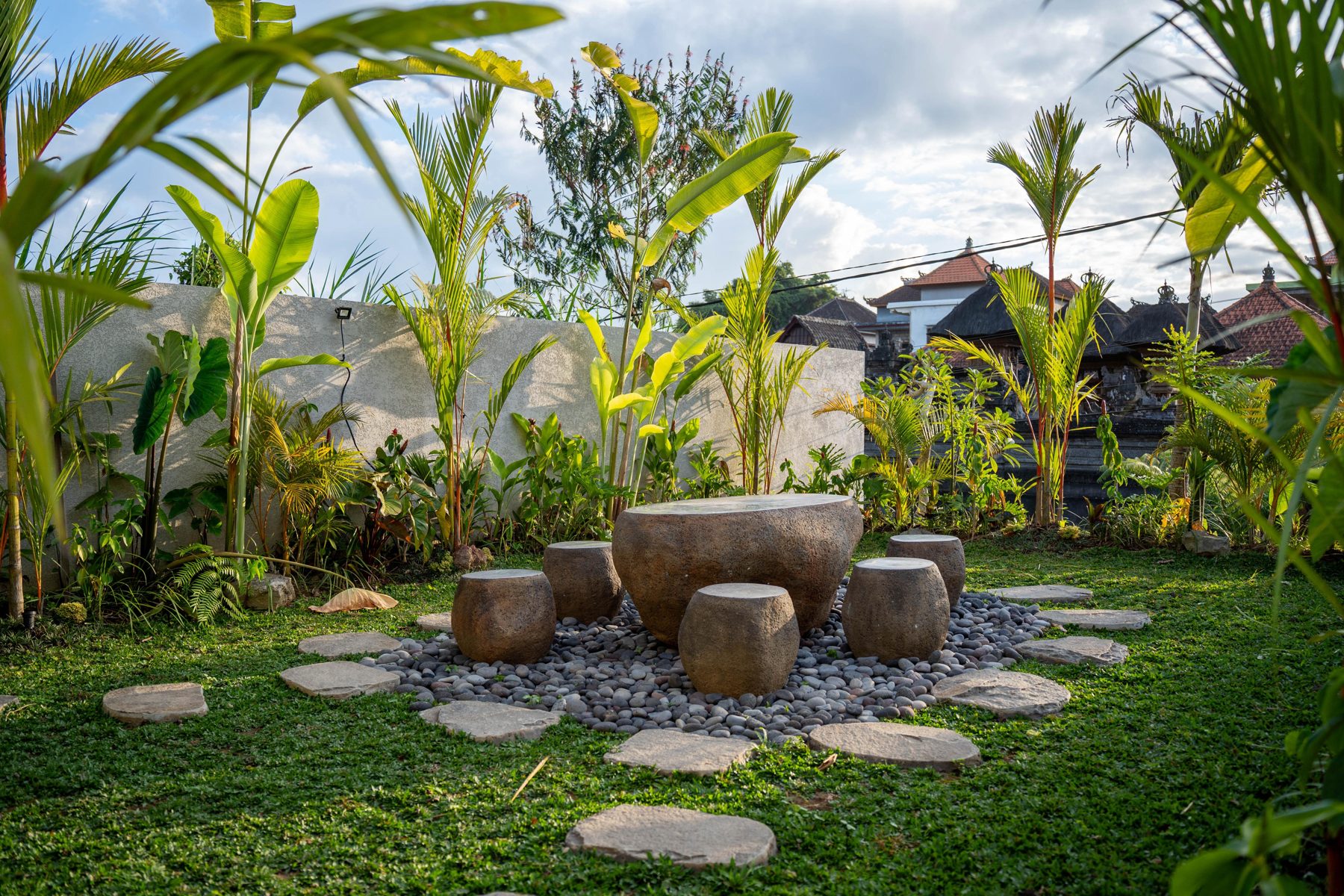 Garden seating area with natural stone table
